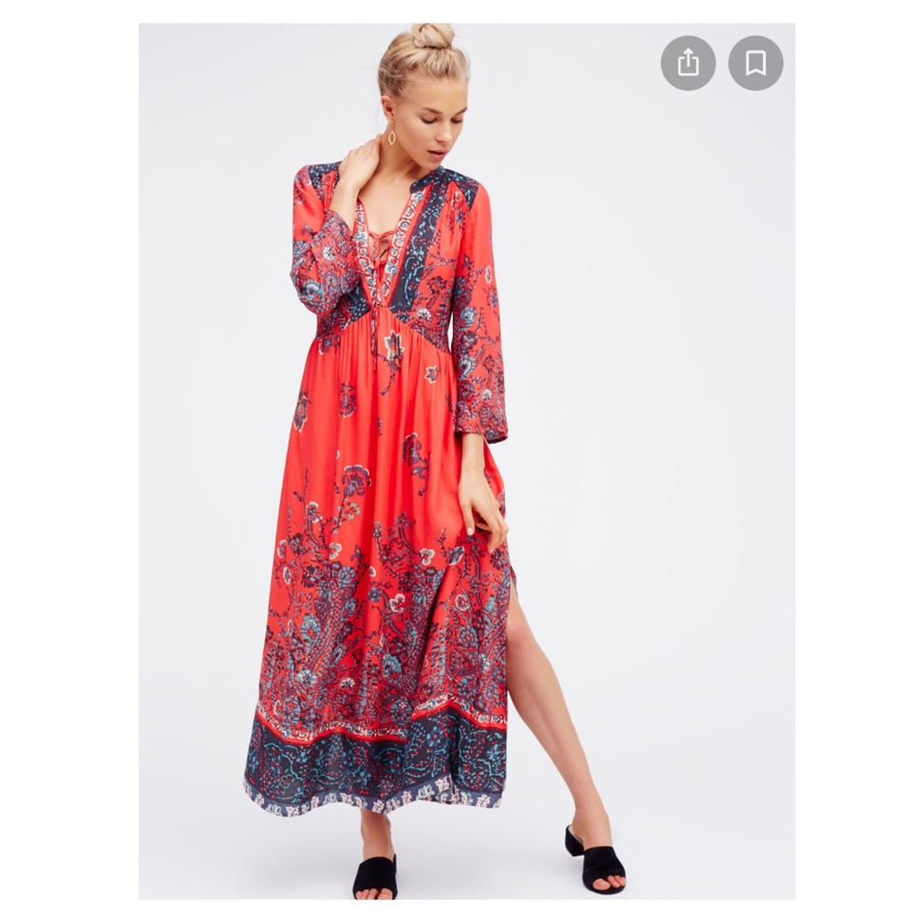 Free People Coral Red & Navy Blue Paisley Maxi Dress